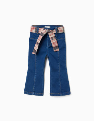 Jean évasé avec poches et ceinture à carreaux pour bébé fille, bleu