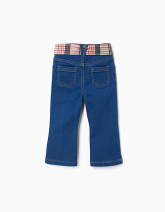 Jean évasé avec poches et ceinture à carreaux pour bébé fille, bleu