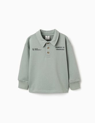 Sweat de algodão com gola polo e estampado para menino, verde-claro
