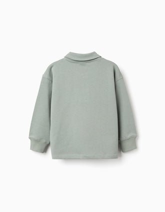 Sweat de algodão com gola polo e estampado para menino, verde-claro