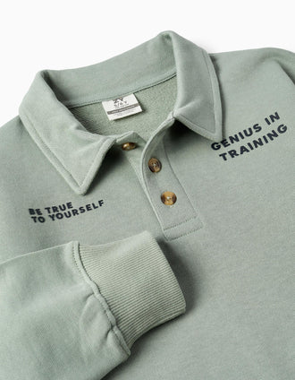 Sweat de algodão com gola polo e estampado para menino, verde-claro