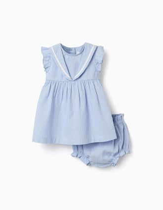 Robe sans manches + bloomer en coton pour nouveau-née, bleu clair