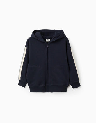 Cotton hooded jacket with striped tape for boys, navy blue/beige/green