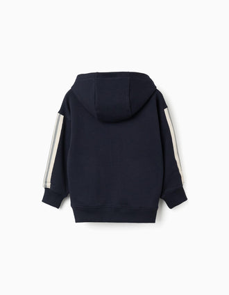 Cotton hooded jacket with striped tape for boys, navy blue/beige/green
