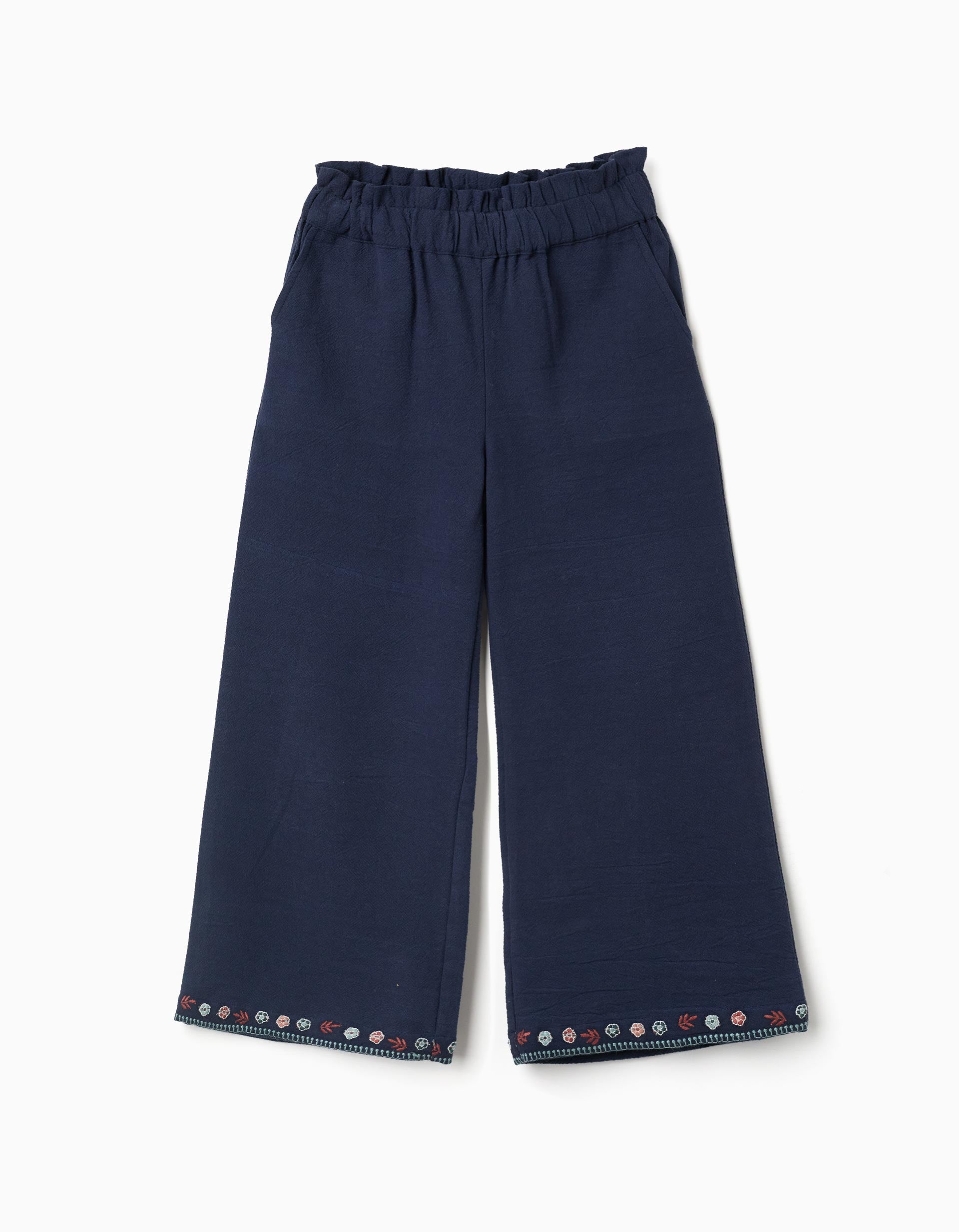 Calças wide leg de algodão com flores bordadas para menina, azul-marinho