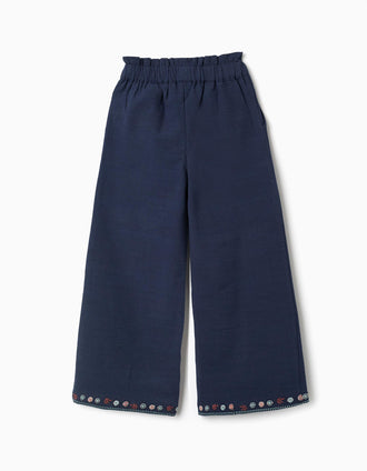 Calças wide leg de algodão com flores bordadas para menina, azul-marinho