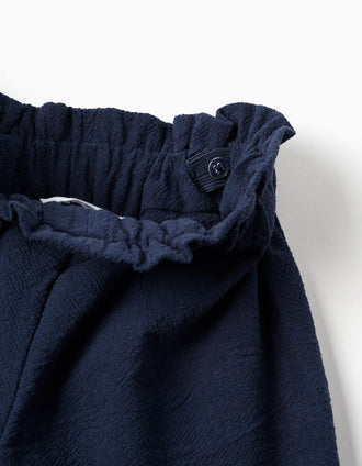Calças wide leg de algodão com flores bordadas para menina, azul-marinho