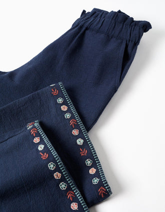 Calças wide leg de algodão com flores bordadas para menina, azul-marinho