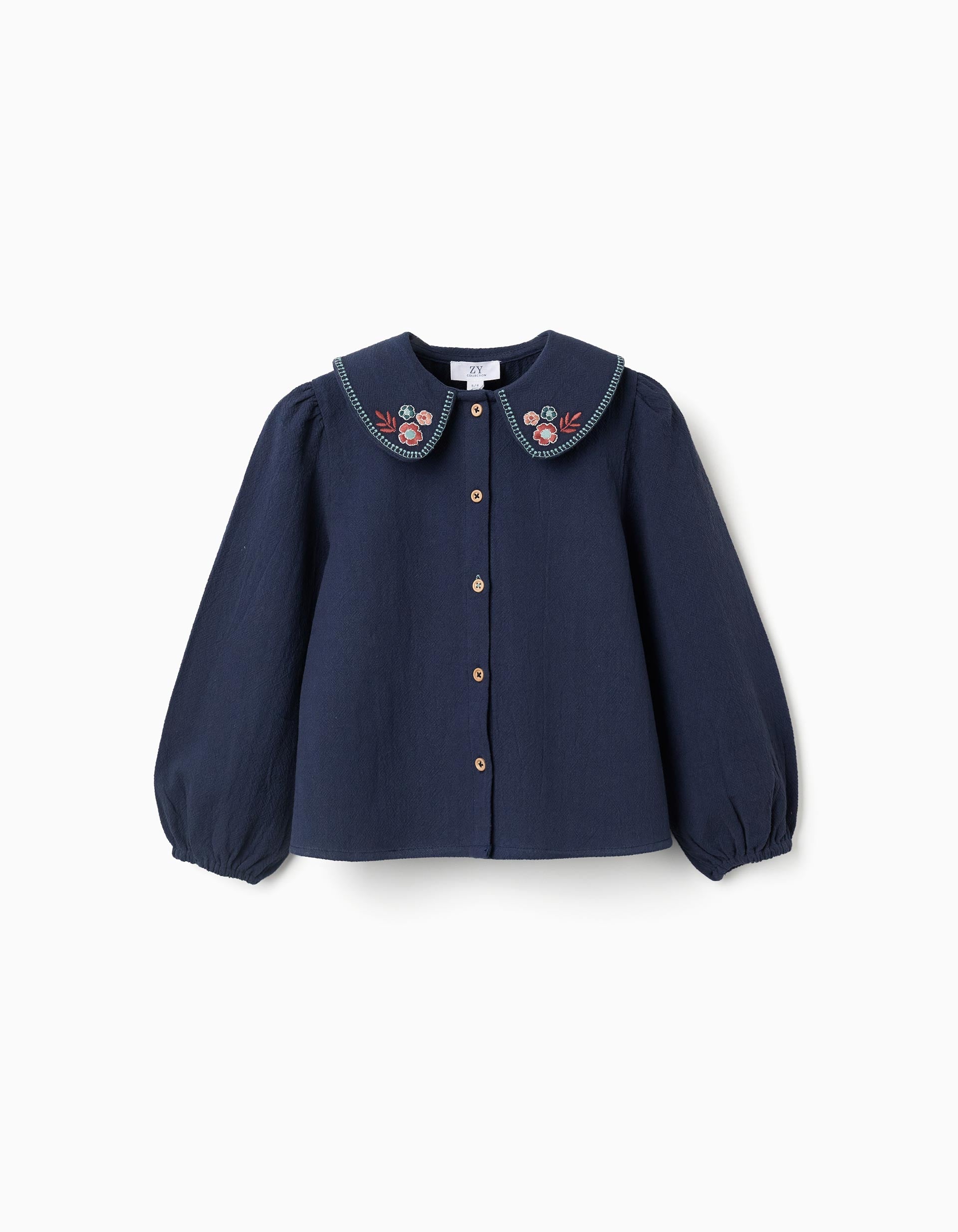 Blusa de manga comprida de algodão com flores para menina, azul-marinho