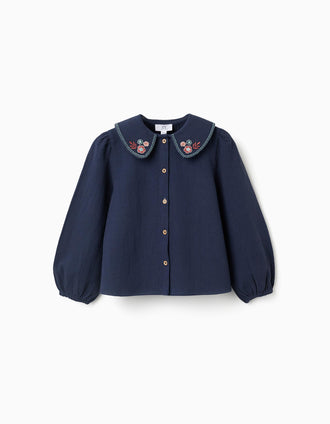Blusa de manga comprida de algodão com flores para menina, azul-marinho