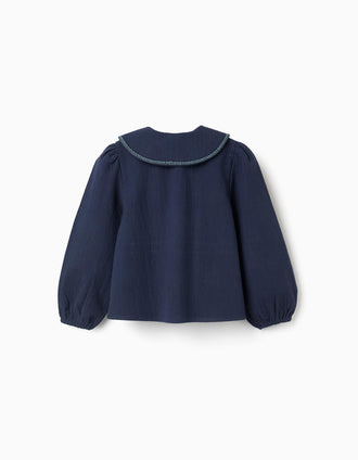 Blusa de manga comprida de algodão com flores para menina, azul-marinho