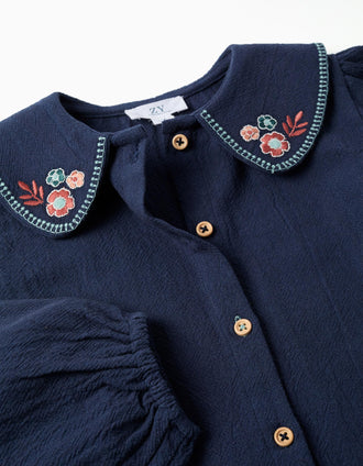 Blusa de manga comprida de algodão com flores para menina, azul-marinho