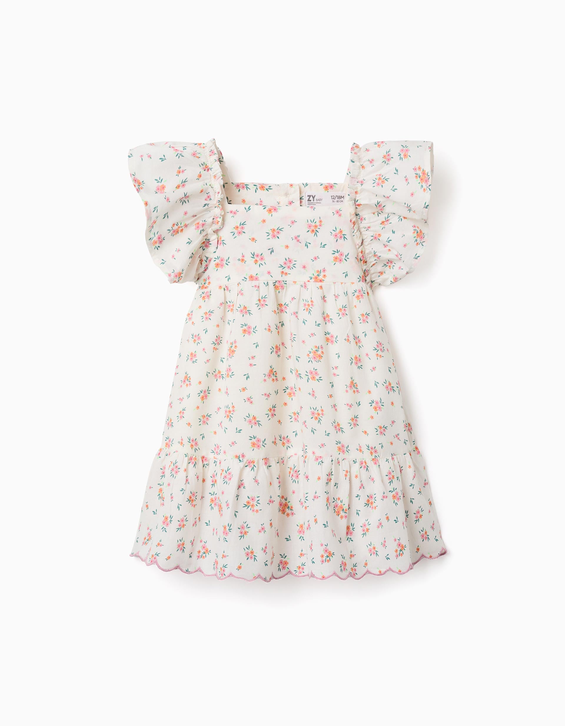 Vestido de algodão com flores e folhos para bebé menina, bege-claro