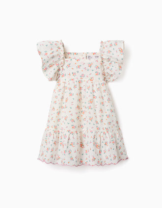 Vestido de algodão com flores e folhos para bebé menina, bege-claro
