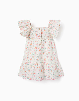 Vestido de algodão com flores e folhos para bebé menina, bege-claro