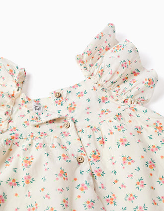 Vestido de algodão com flores e folhos para bebé menina, bege-claro
