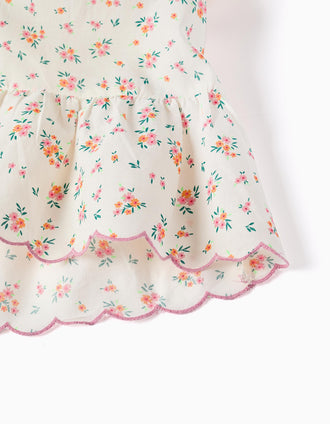 Vestido de algodão com flores e folhos para bebé menina, bege-claro