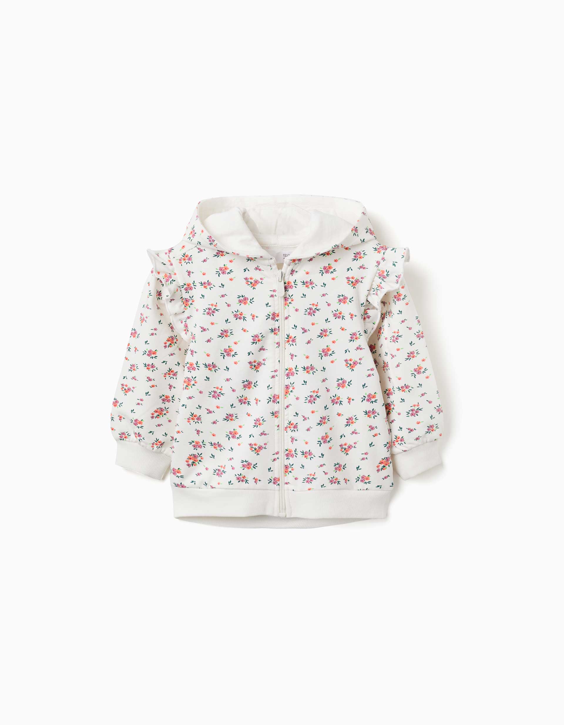 Hooded fleece jacket with floral pattern for baby girls, white