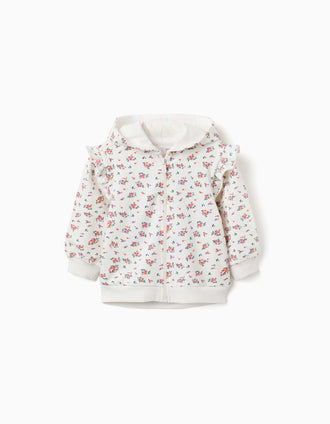 Hooded fleece jacket with floral pattern for baby girls, white