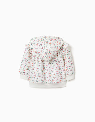 Hooded fleece jacket with floral pattern for baby girls, white