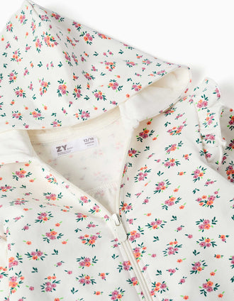 Hooded fleece jacket with floral pattern for baby girls, white