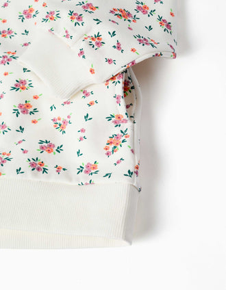 Hooded fleece jacket with floral pattern for baby girls, white