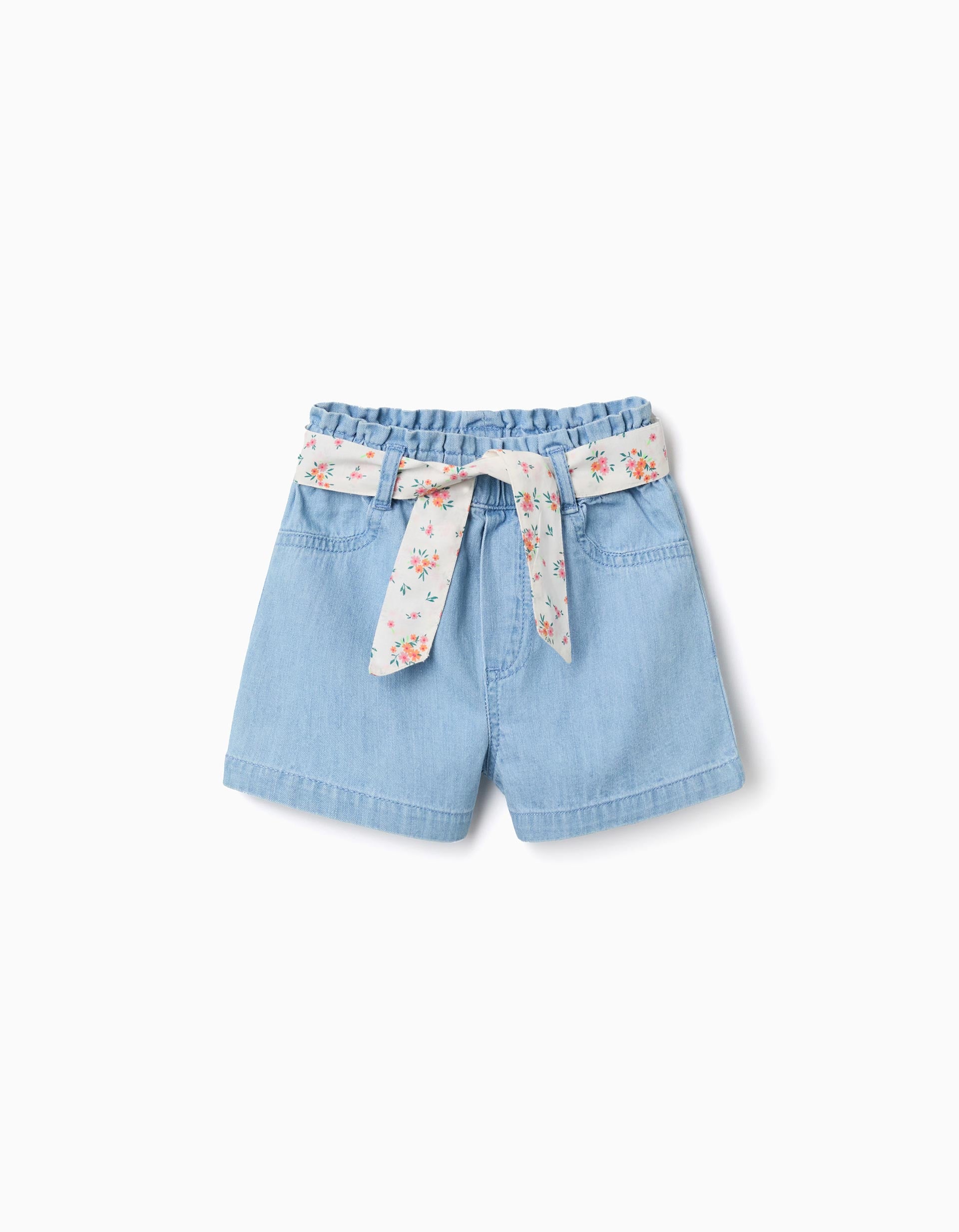 Pantalón corto vaquero con cinturón floral para bebé niña, azul claro