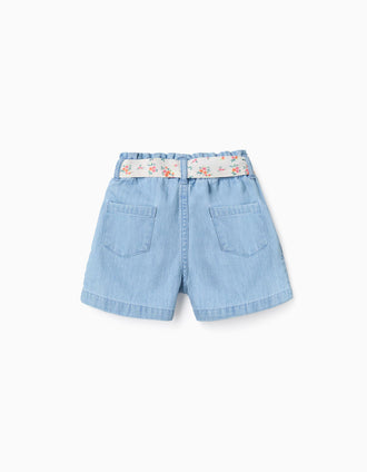 Pantalón corto vaquero con cinturón floral para bebé niña, azul claro