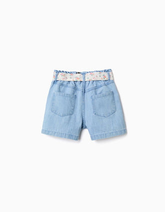 Pantalón corto vaquero con cinturón floral para niña, azul claro