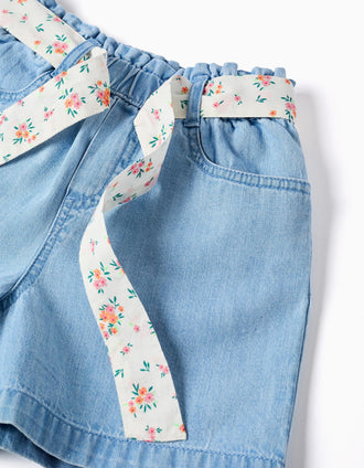 Denim shorts with floral belt for girls, light blue