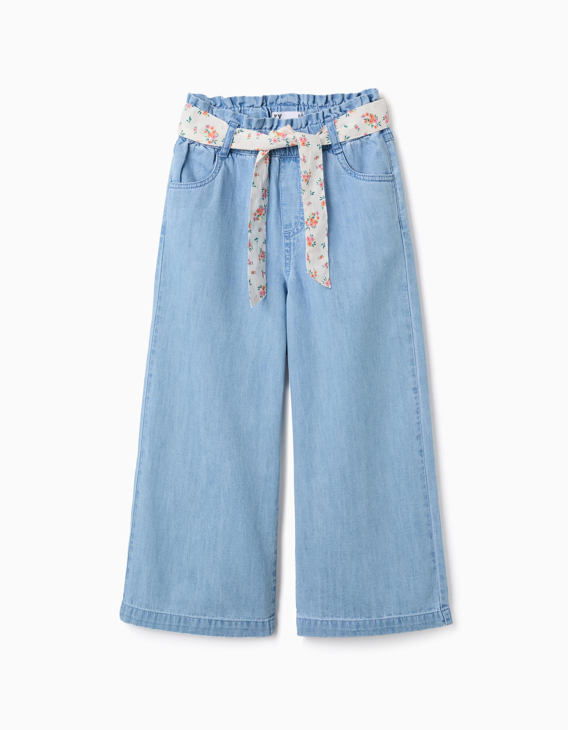 Vaqueros de pierna ancha con cinturón floral para niña, azul claro