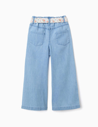 Vaqueros de pierna ancha con cinturón floral para niña, azul claro