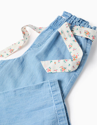Vaqueros de pierna ancha con cinturón floral para niña, azul claro