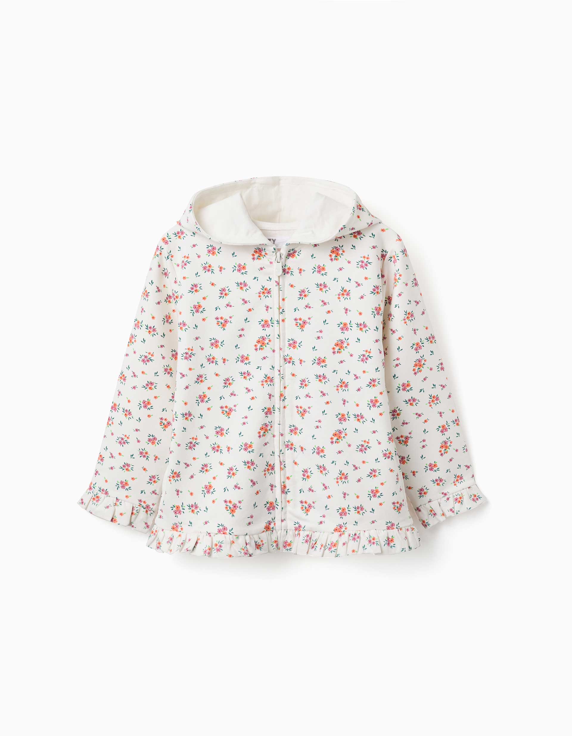 Casaco de felpa com capuz e padrão floral para menina, branco