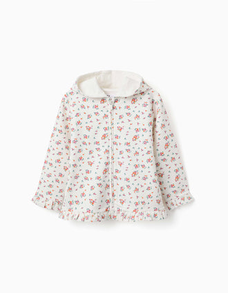 Casaco de felpa com capuz e padrão floral para menina, branco