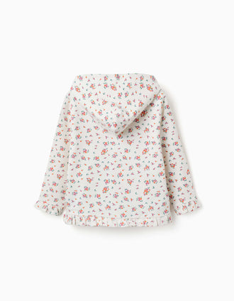Casaco de felpa com capuz e padrão floral para menina, branco