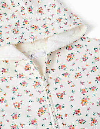 Casaco de felpa com capuz e padrão floral para menina, branco
