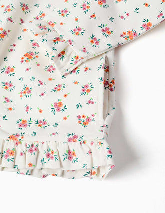 Casaco de felpa com capuz e padrão floral para menina, branco