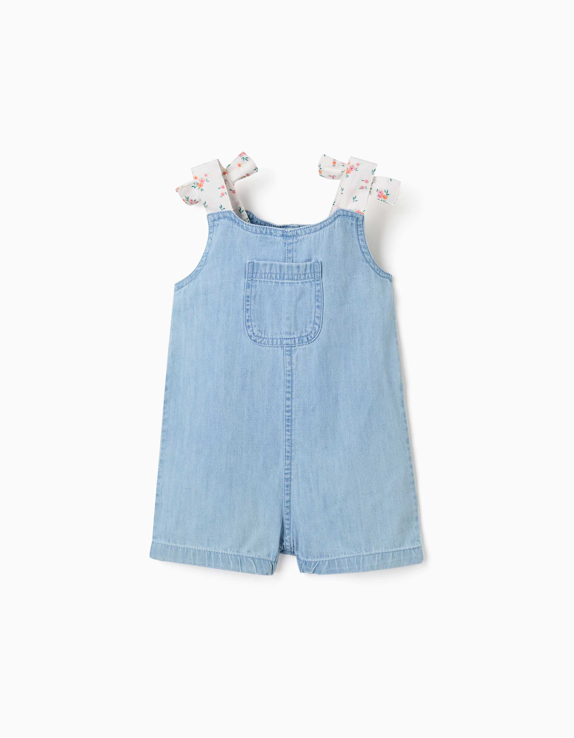 Mono corto vaquero con tirantes florales para bebé niña, azul claro