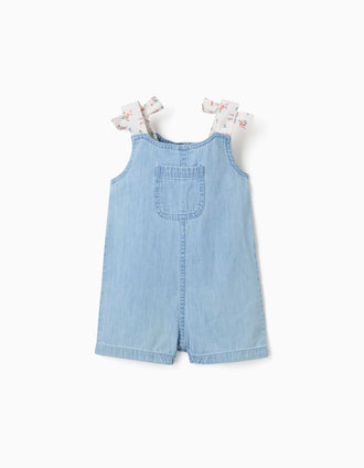 Mono corto vaquero con tirantes florales para bebé niña, azul claro