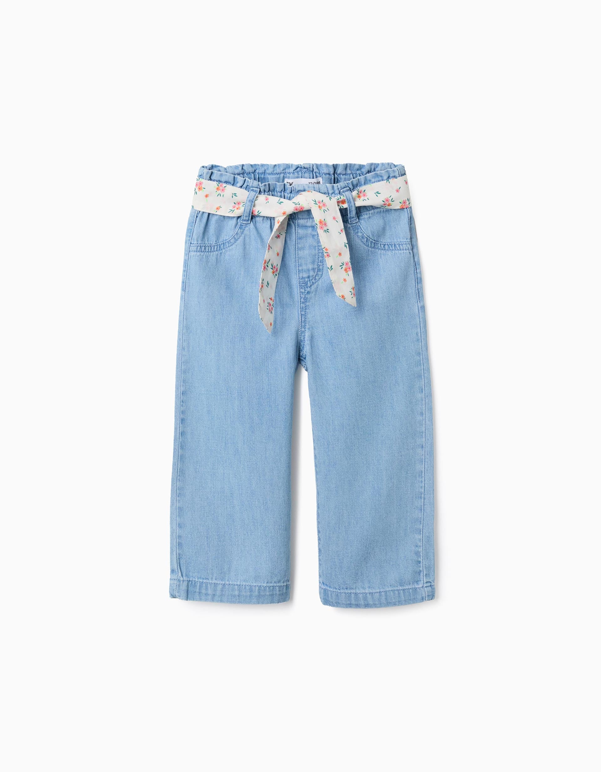 Vaqueros de pierna ancha con cinturón floral para bebé niña, azul claro