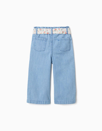 Vaqueros de pierna ancha con cinturón floral para bebé niña, azul claro