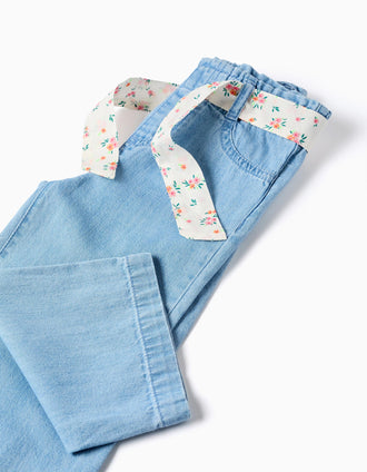 Vaqueros de pierna ancha con cinturón floral para bebé niña, azul claro