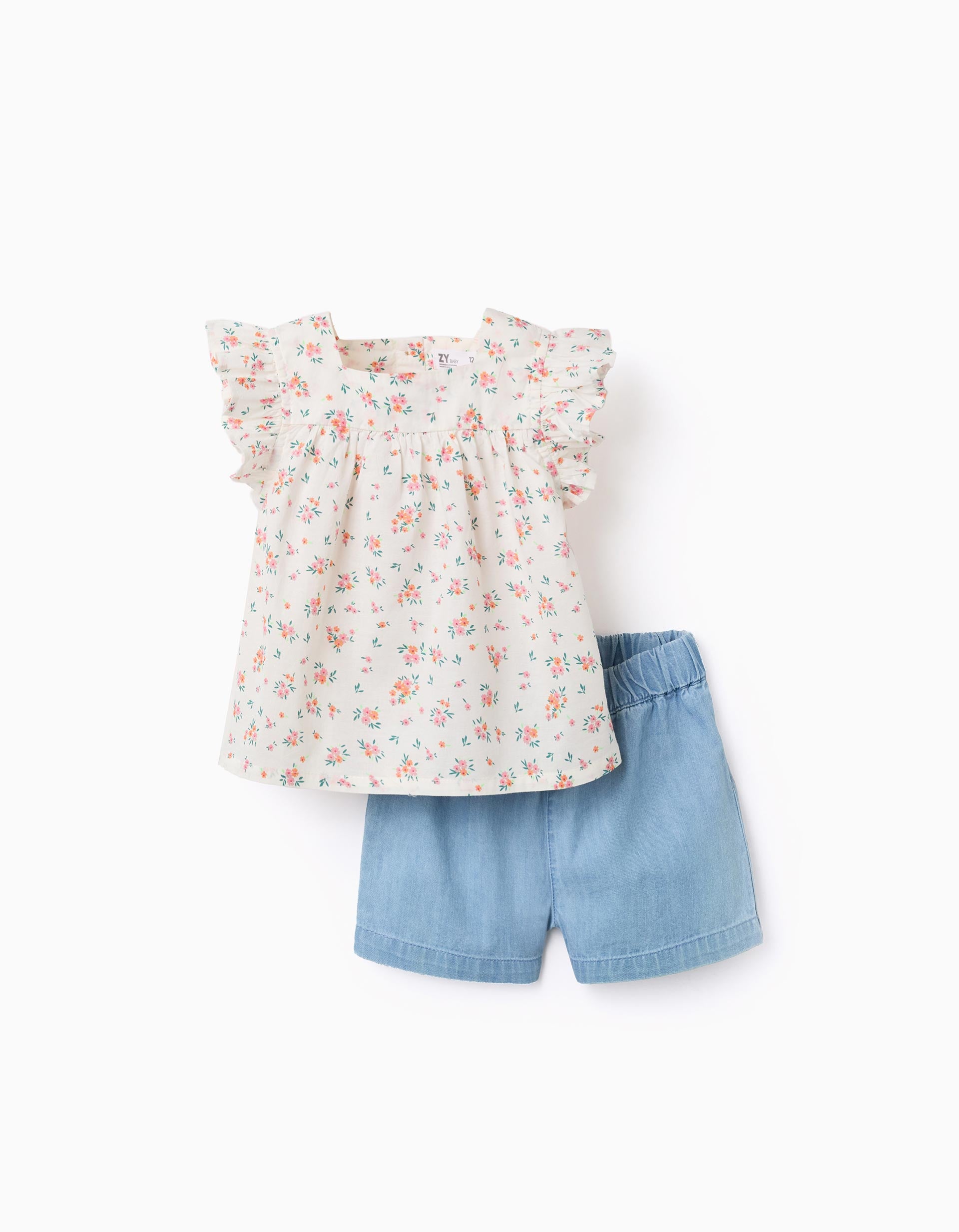 Chemisier floral et short en jean pour bébé fille, beige clair/bleu
