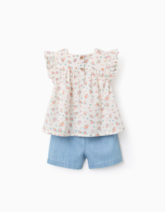 Chemisier floral et short en jean pour bébé fille, beige clair/bleu
