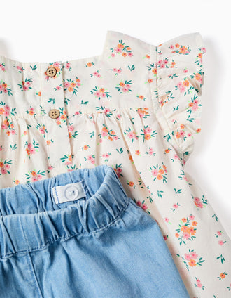 Chemisier floral et short en jean pour bébé fille, beige clair/bleu