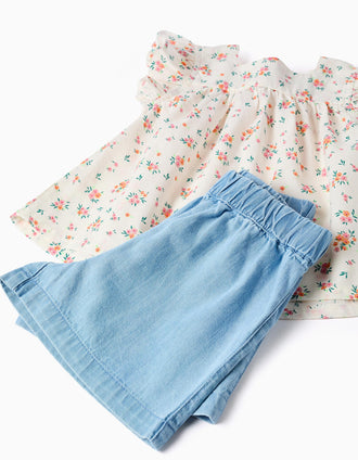 Chemisier floral et short en jean pour bébé fille, beige clair/bleu