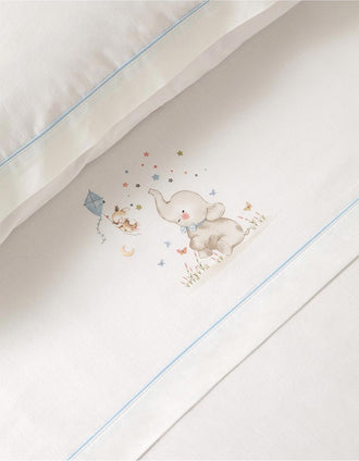 Set de Literie en Coton 3 Pcs Interbaby Elephant 60x120 cm, Bleu