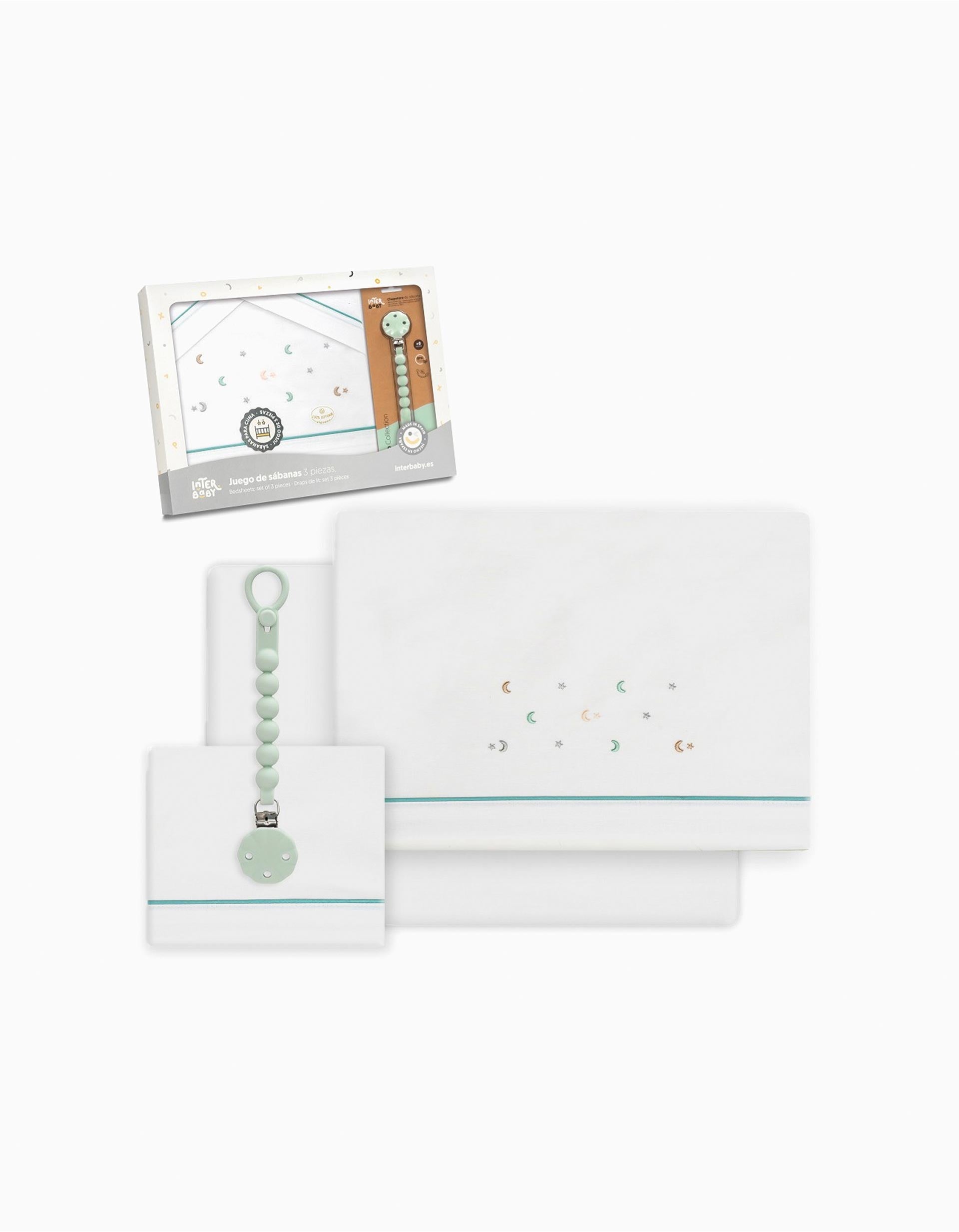 Juego de Cama de Algodón 3 Pzs Interbaby Stars 60x120 cm, Verde