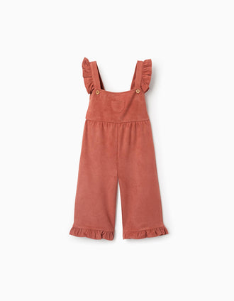 Wide leg dungarees with ruffles for baby girls, terracotta